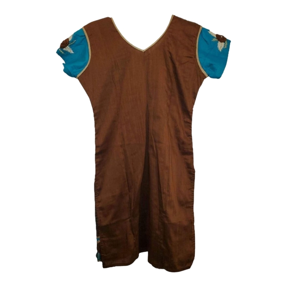 Teal, Gold, Brown Embroidered Floral Kurti with Rhinestones Size 36 - Picture 2 of 7